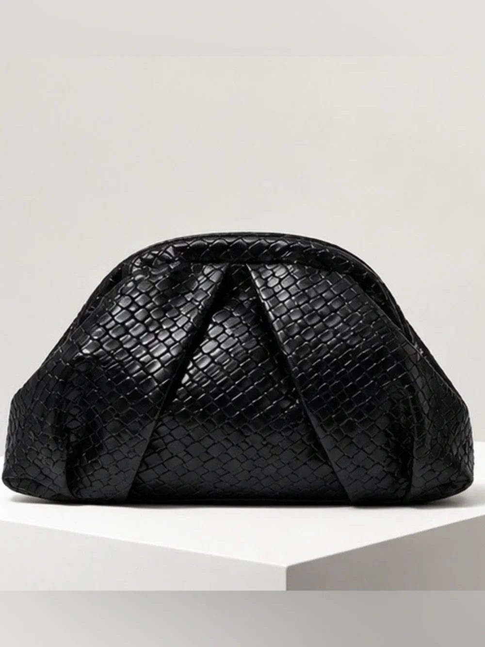 Black Woven Leather Pouch Clutch Bag Minimalist Sculptural Evening Handbag